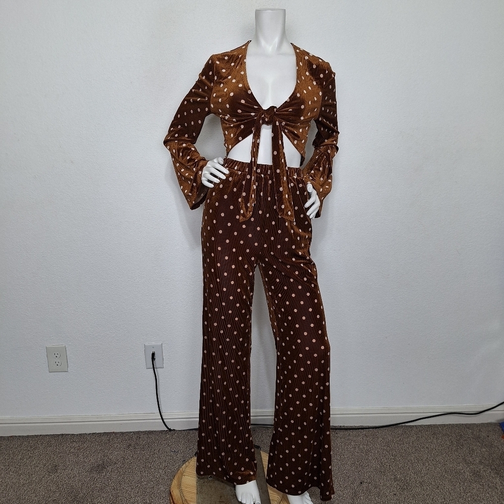 Isalis NEW Boho Barra Velvet Corduroy Polka Dot Cropped Top & Bell Bottom Pant S